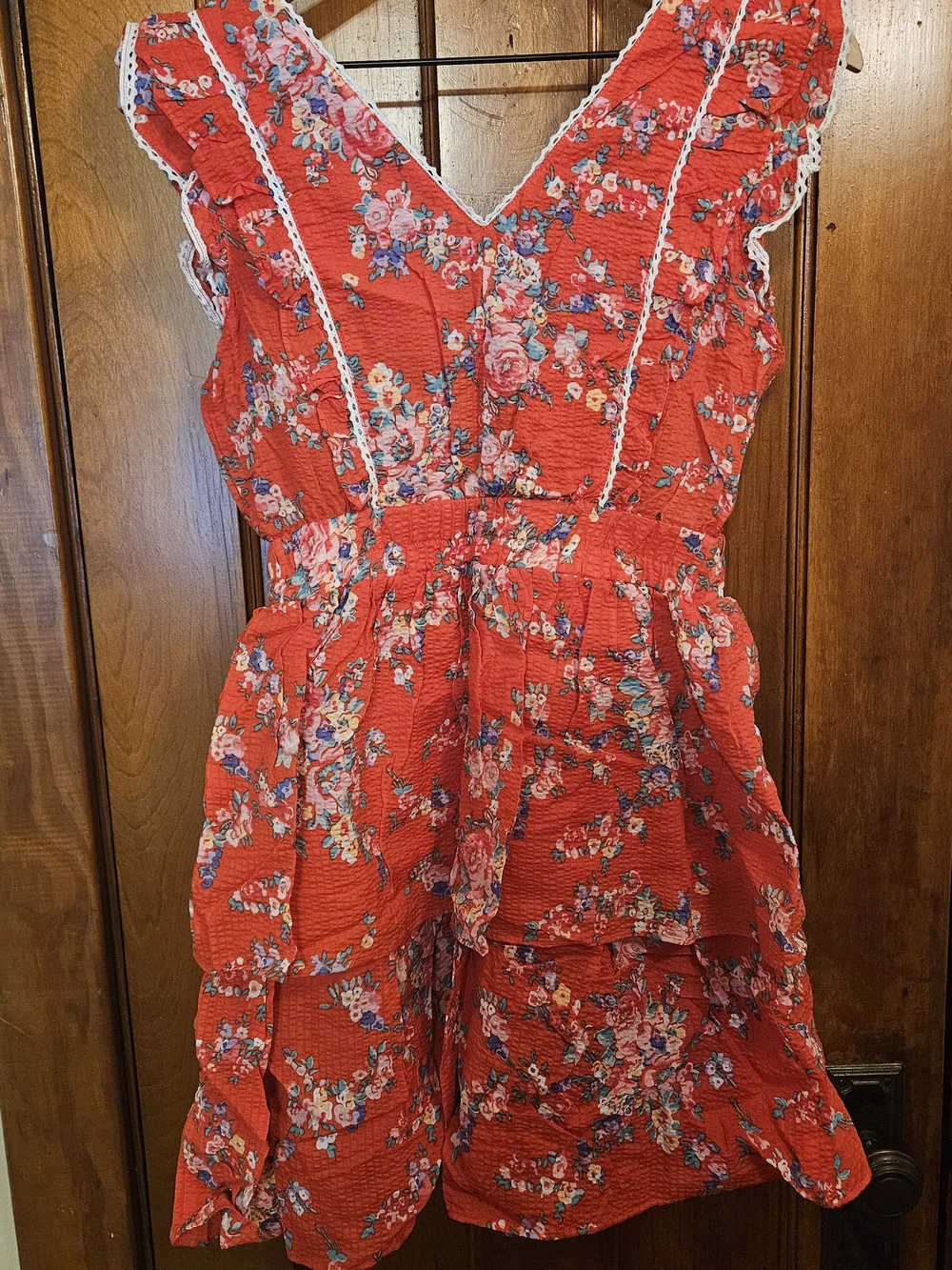 Betsey Johnson Red Floral V-Neck Mini Dress with Lace Trim - Picture 2 of 7